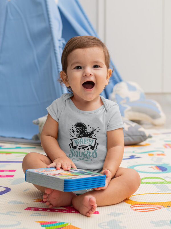 Babysaurus Romper – Dino Mite Fun grey dheetbynature - Dheeth By Nature