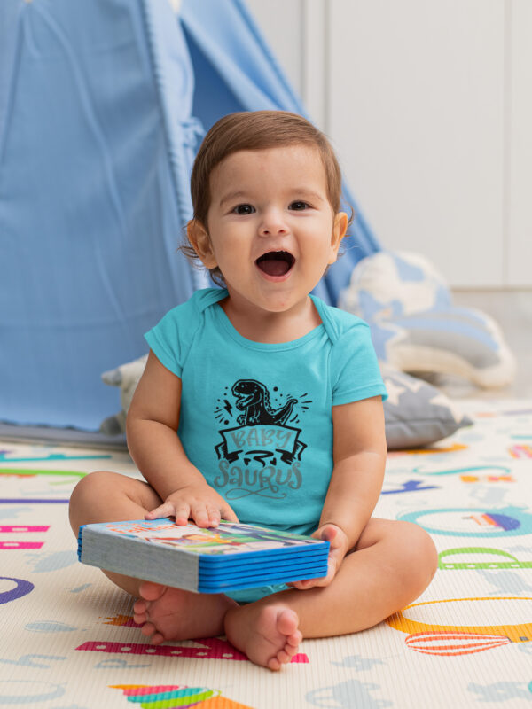 Babysaurus Romper – Dino Mite Fun skyblue dheethbynature - Dheeth By Nature
