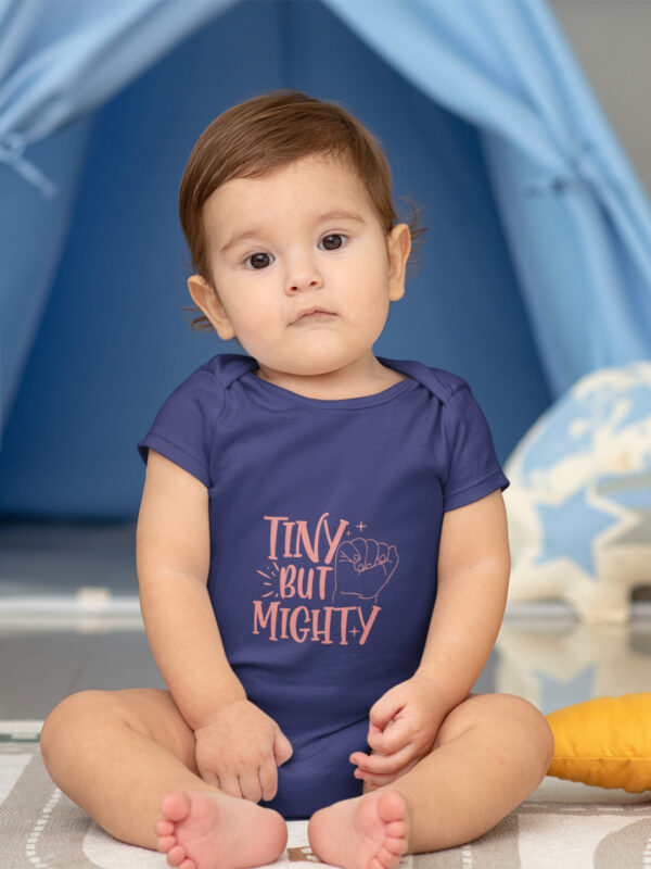 Tiny But Mighty Baby Romper royal blue dheethbynature onsie - Dheeth By Nature