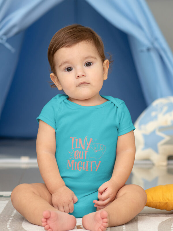 Tiny But Mighty Baby Romper skyblue dheethbynature onsie - Dheeth By Nature