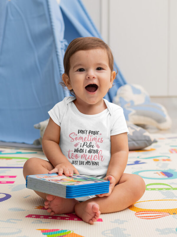 Funny Aunt-Inspired Baby Romper – Don’t Panic I Puke Onesie