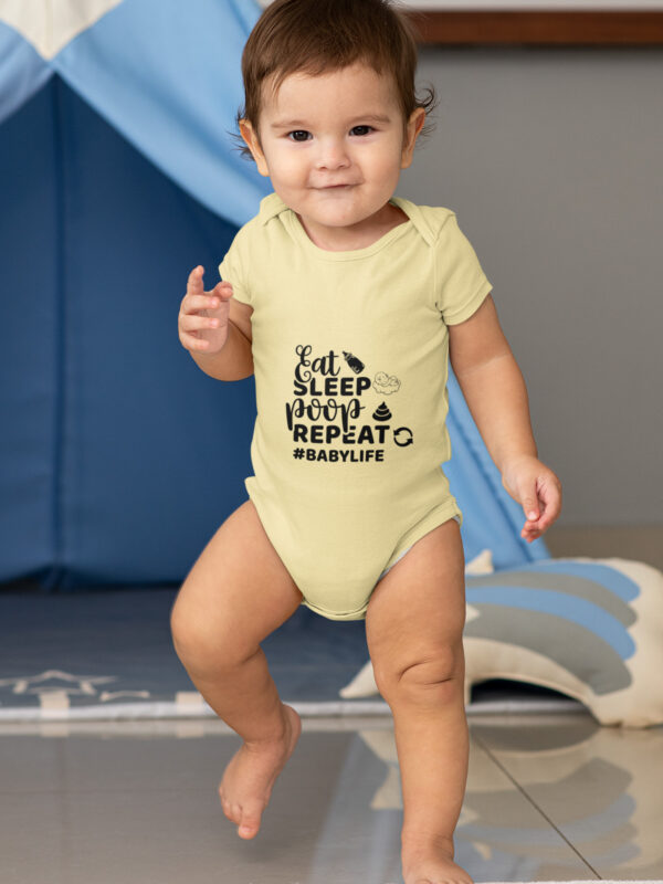 eat sleep poop repeast yellow dheethbynature baby roamper onsie - Dheeth By Nature