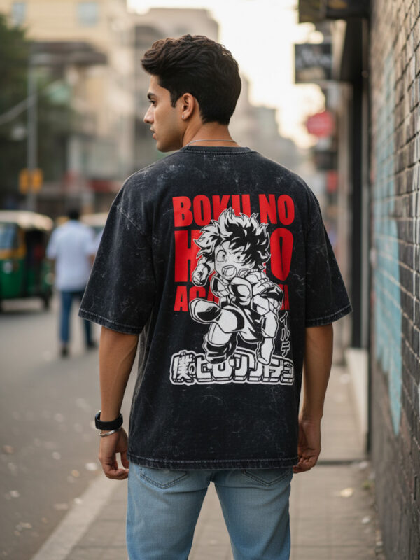 My Hero Academia Oversized T-Shirt – Deku Action Pose Back Print Anime Streetwear (240 GSM Acid Wash Cotton)