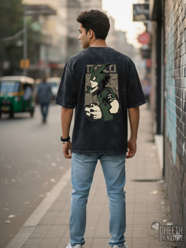 My Hero Academia Oversized T-Shirt – Deku Battle-Ready Back Print Anime Streetwear (240 GSM Acid Wash Cotton)