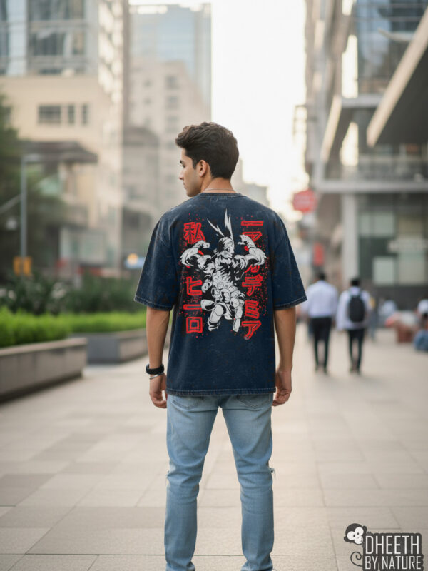 My Hero Academia Oversized T-Shirt – Deku x All Might Back Print Anime Streetwear (240 GSM Navy Acid Wash Cotton)