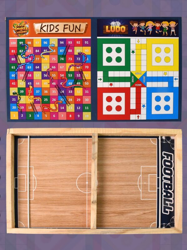 Wooden Board Game Set – Ludo, Snakes & Ladders, and Desktop Football (3-in-1)