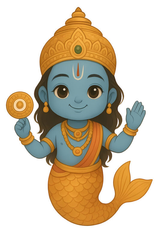 Matsya Avatar Sticker – Lord Vishnu Fish Form with Blessing Hand & Chakra (3x3 Inch Waterproof Vinyl)