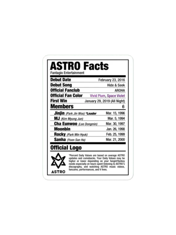 ASTRO Kpop Nutritional Facts Sticker