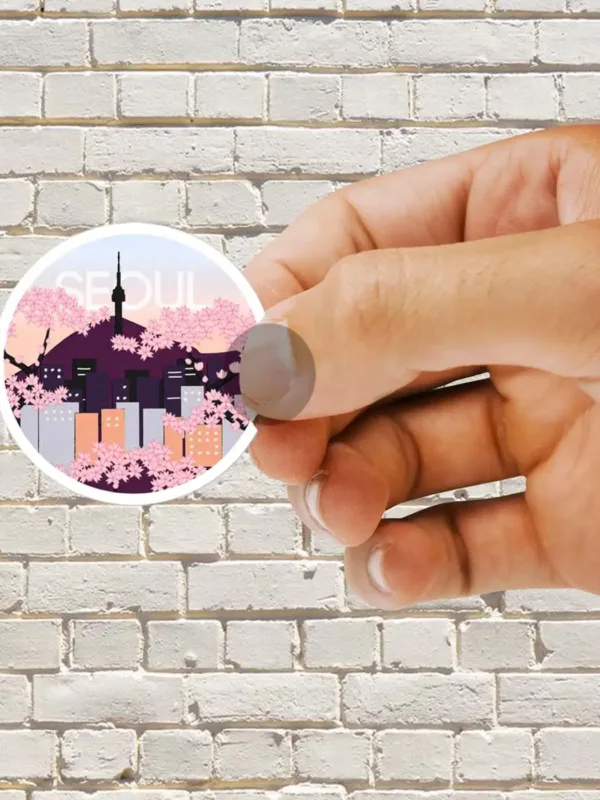 Seoul Tower With Woodblock Style Cherry Blossoms South Korea Sticker - Dheeth By Nature SINGLE211A 1745101992619 183877484 - Dheeth By Nature