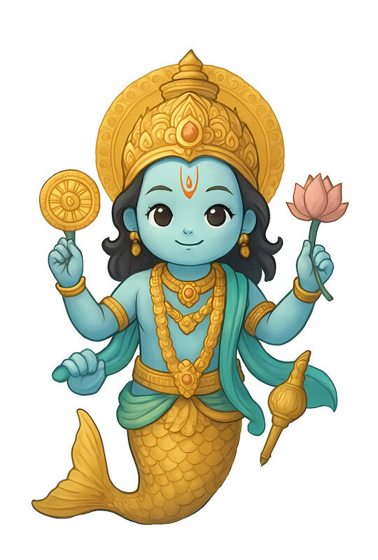 Matsya Avatar Sticker – Lord Vishnu Fish Form with Lotus & Chakra (3x3 Inch Waterproof Vinyl)