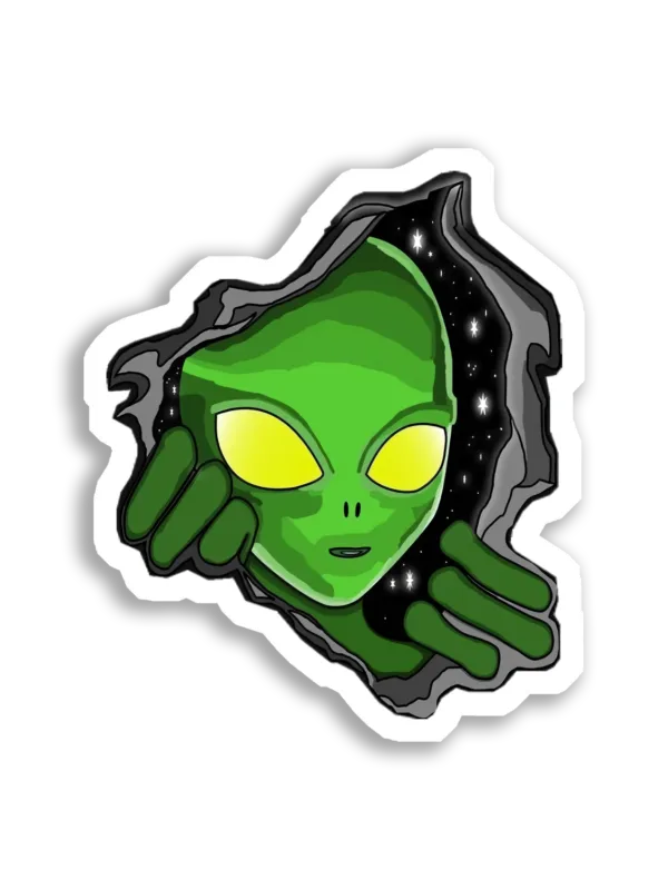 Green Alien Breaks Through Space Sticker