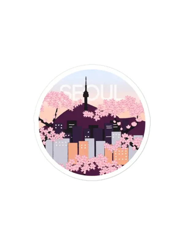 Seoul Tower With Woodblock Style Cherry Blossoms South Korea Sticker